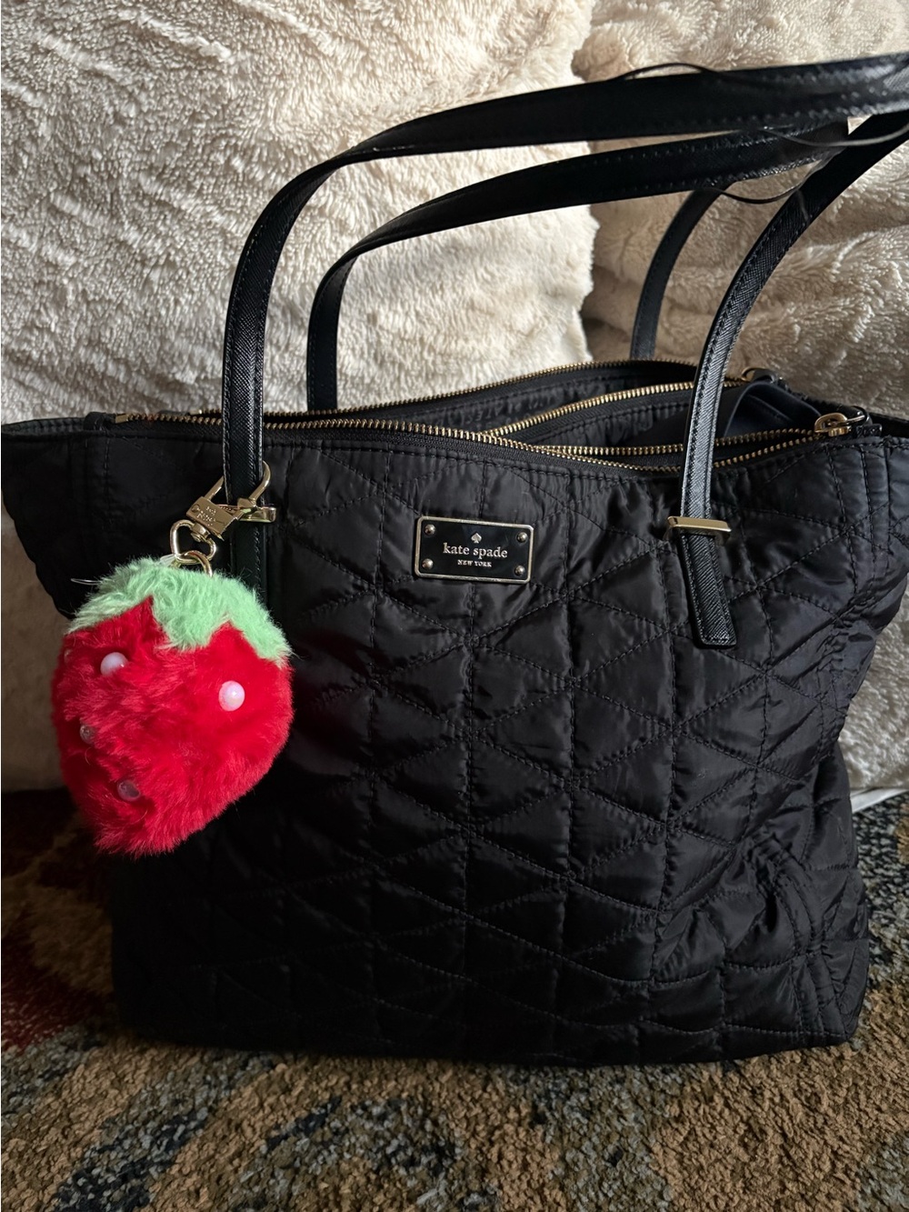 kate spade Black Quilted Tote with Strawberry Charm